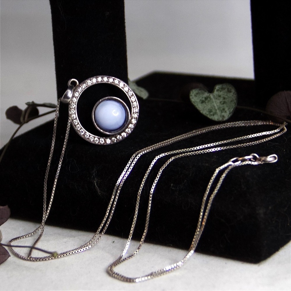 Sterling Silver Blue Lace Agate CZ Halo Pendant Box Chain Necklace 16in 925